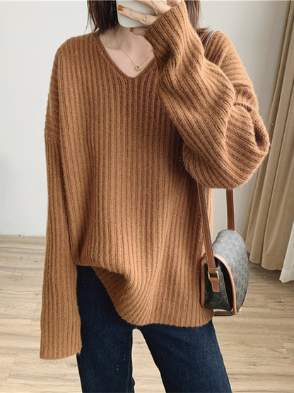 Caramel V-neck Long Sleeves Striped Knit Sweater Qx001