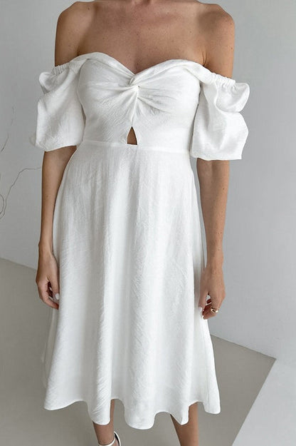 Off-shoulder Puff Sleeve Cotton Midi Dress