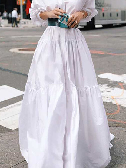 Long Sleeves Loose Belted Pleated Color Lapel Maxi Dresses