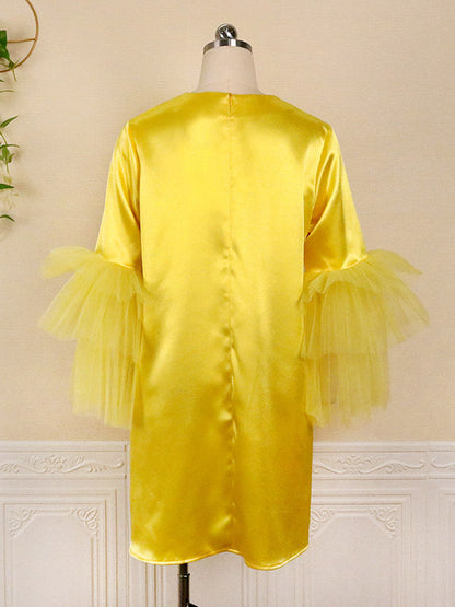 Half Sleeves Loose Shiny Color Split-joint Tulle Round-neck Mini Dresses