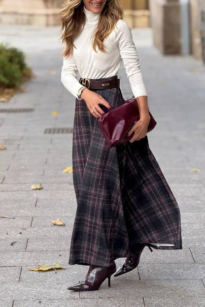 Retro Style Wide Hem Plaid Skirt