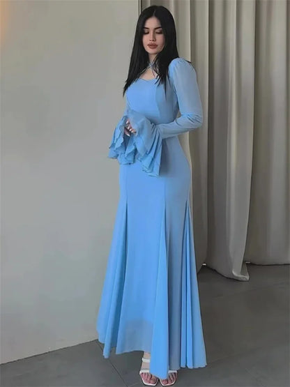 Autumn Ruffled Long Dress Bandage Slim High Waist Patchwork Party Dress ’s Chiffon Maxi Dress