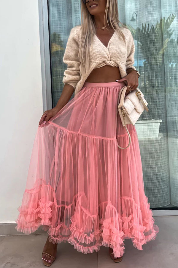 Tulle Stretch Waist Paneled Pleated Maxi Skirt