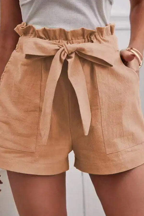Loose Color Elastic Waist Tie Shorts