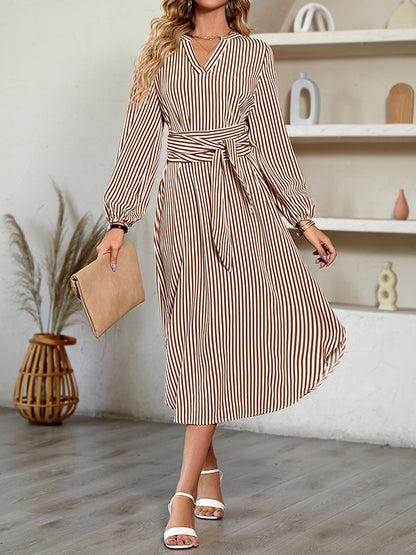 A-line Long Sleeves Striped Tied Waist V-neck Midi Dresses Shirt Dress
