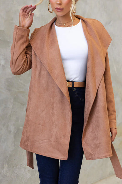 Collared Open Front Faux Suede Coat With Belt