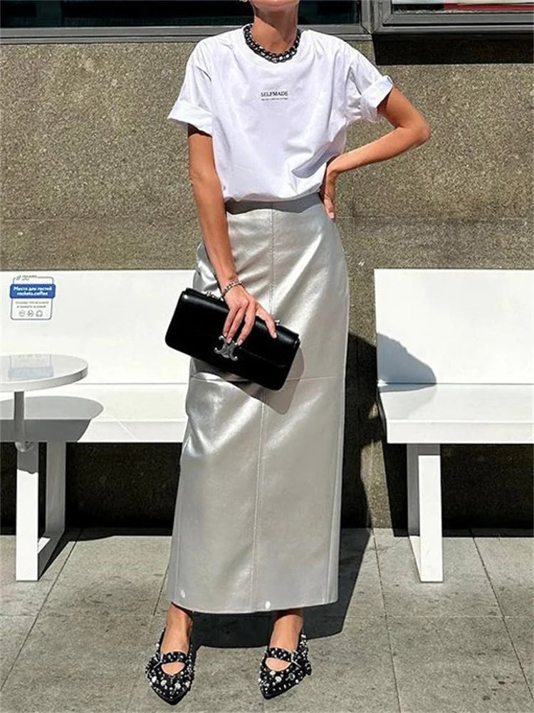 Patchwork High Waist Long Skirt Metallic Slim Pu Maxi Dress Female Autumn Maxi Skirt