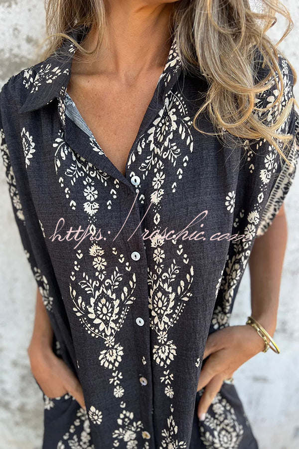 Linen Blend Unique Print Lapel Pocket Mini Dress