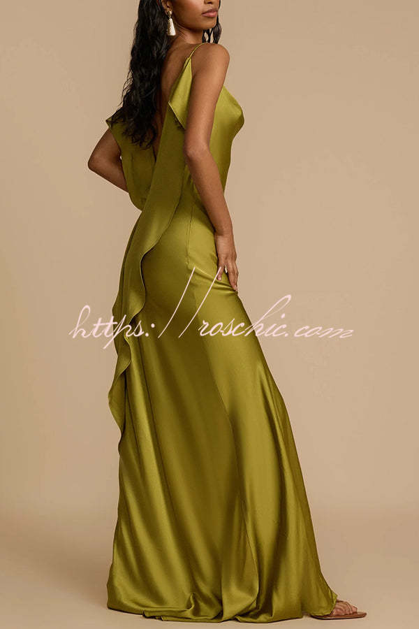 Evening Date Satin Cowl Neck Drape Ruffle Backless Bias Cut Party Maxi Dress
