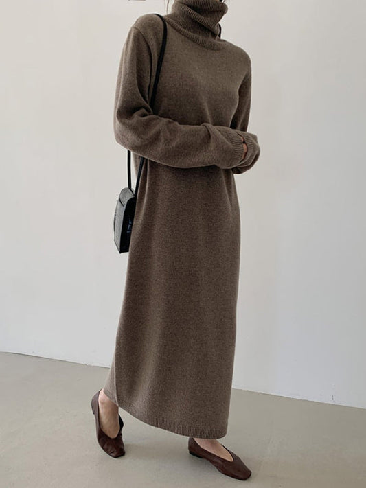 Khaki High-neck Long Sleeve Sweater Dress An1061