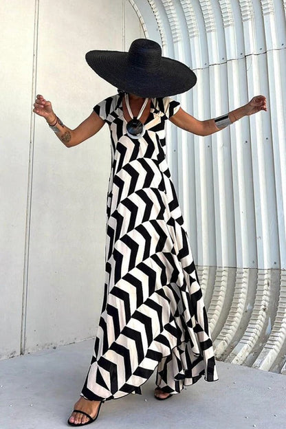 Fresh Breeze Unique Print Ruffle Sleeve A-line Maxi Dress