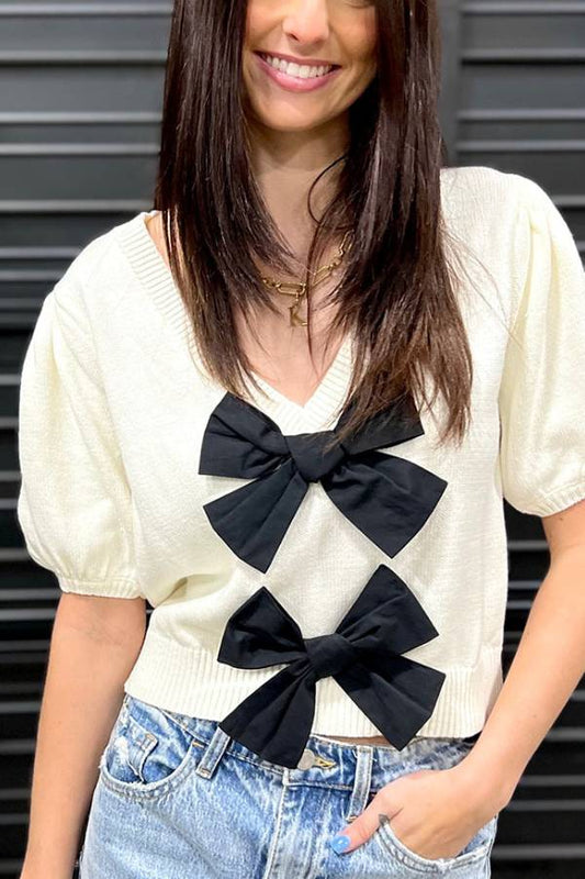 V-neck Short-sleeved Double Bow Color Sweater