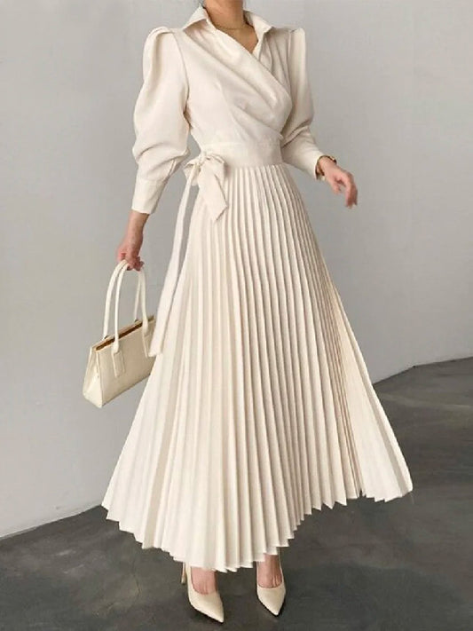 Office Pleated Asymmetric Color Lapel Maxi Dresses