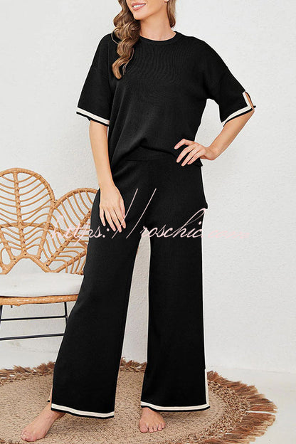 Lounge or Wear Knit Patchwork Color Block Short Sleeve Top and Elastic Wide Leg Pants