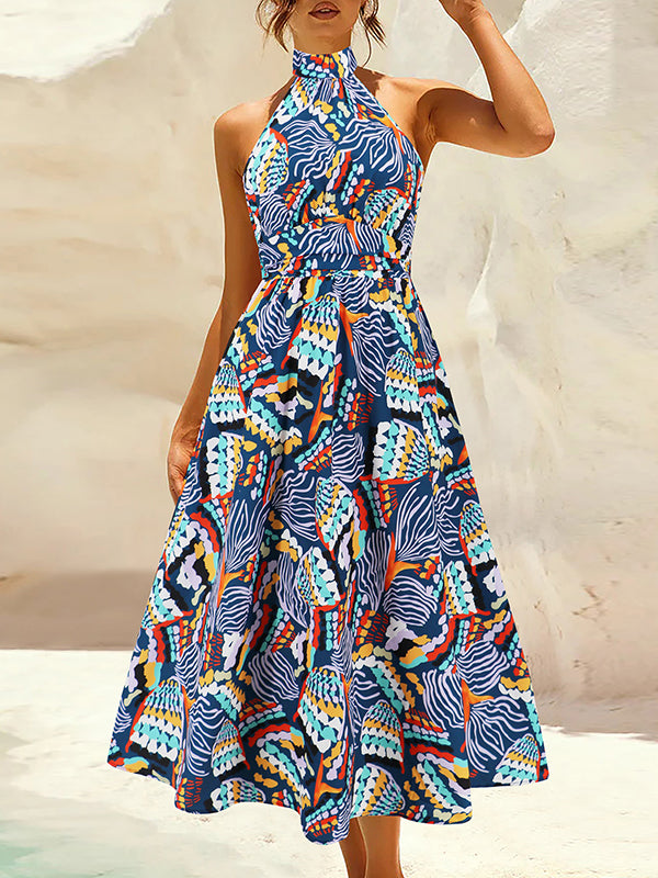A-line Loose Pleated Printed Split-joint Halter-neck Midi Dresses