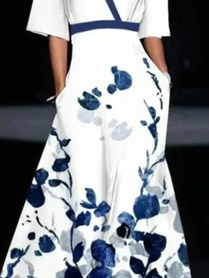 Print Party Long Dresses V-neck Half Sleeves Temperament A-line Evening Dress Female New Commuting Vestido