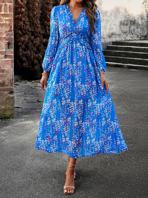 A-line High Waisted Flower Print Ruffled Split-joint Deep V-neck Maxi Dresses
