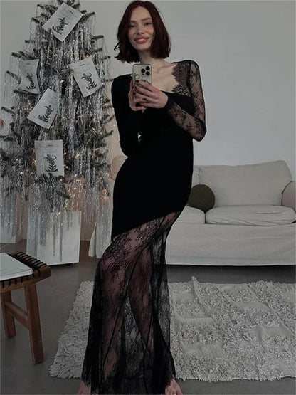 Printed See-through Black Maxi Dress High Waist Lace Slim Mesh Patchwork Long Dress Party Looks Female Dress