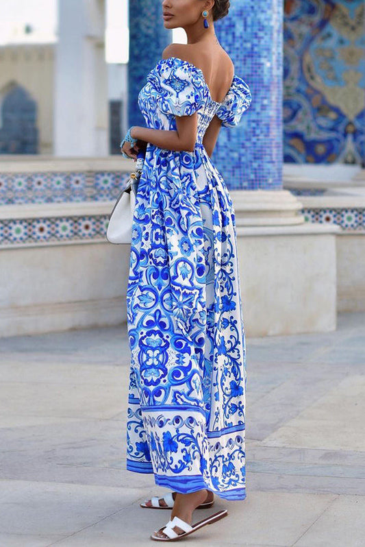Enjoy the Adventure Printed Off Shoulder Puff Sleeve Maxi Dress