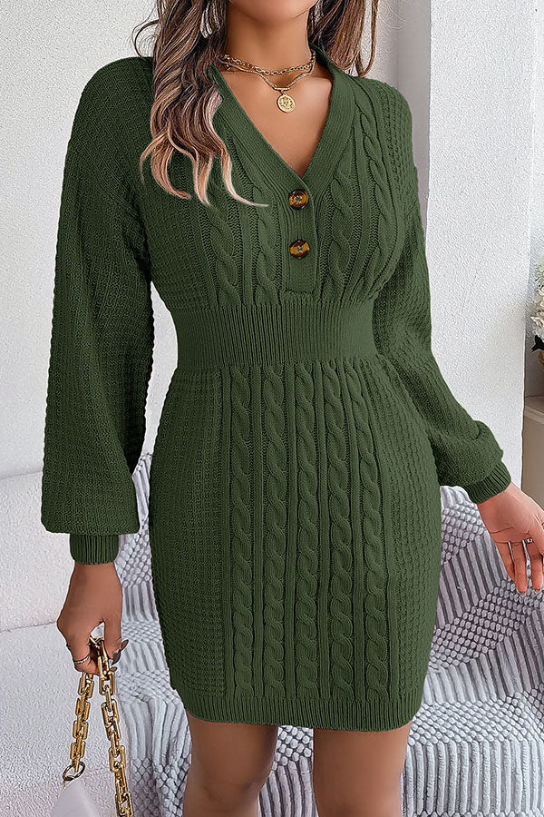 Buttoned V-neck Twist Lantern Sleeves Hip-hugging Sweater Dress