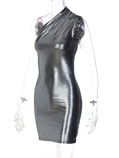 Skinny Asymmetric Shiny Color Split-joint One-shoulder Evening Dresses Mini Dresses