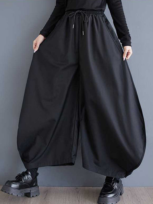 Black Drawstring Elasticity High Waisted Pockets Culotte Pants Tw025
