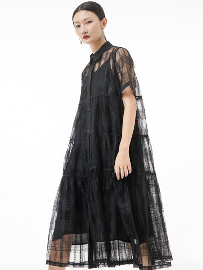 Original Color Hollow See-through Thin Midi Dress
