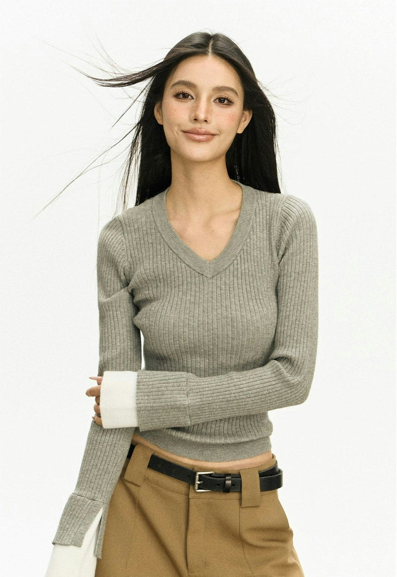 Ribbed V-neck Contrast Sweater