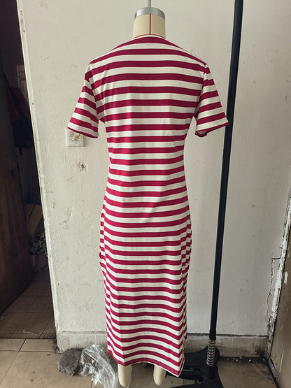 A-line Loose Printed Split-side Striped V-neck Midi Dresses