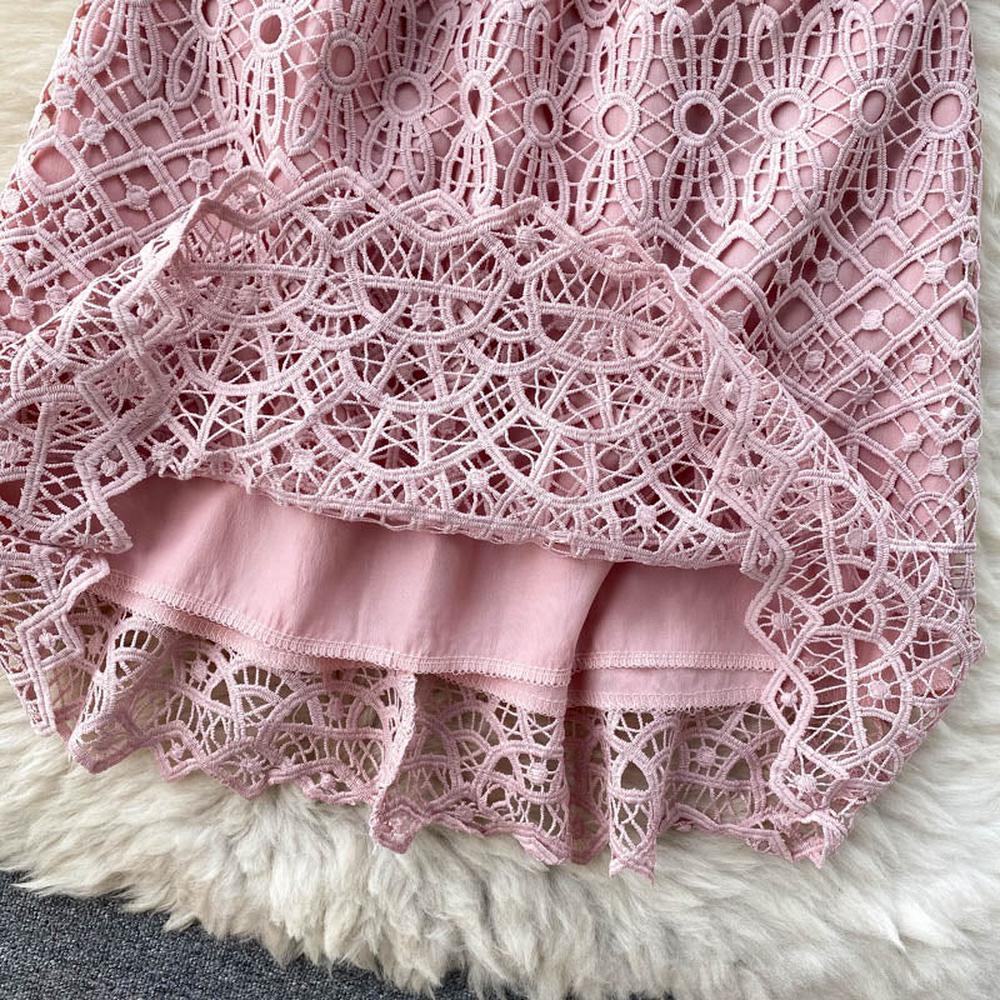 Pink O-neck Hollow Out Lace High Waist Puff Sleeve Mini Dress Ar1010