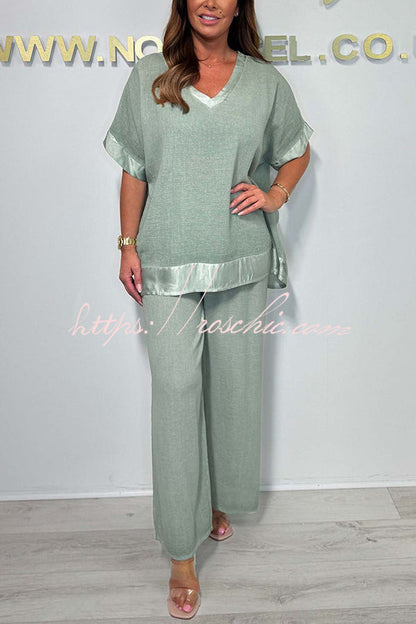 Fashionable V-neck Short-sleeved Loose Top and Elastic Waist Wide-leg Pants Set