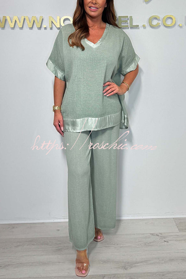 Fashionable V-neck Short-sleeved Loose Top and Elastic Waist Wide-leg Pants Set