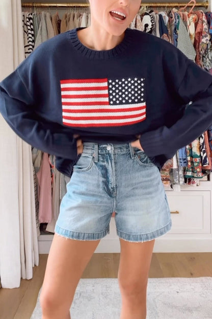 Flag Pattern Knitted Crewneck Long Sleeve Sweater