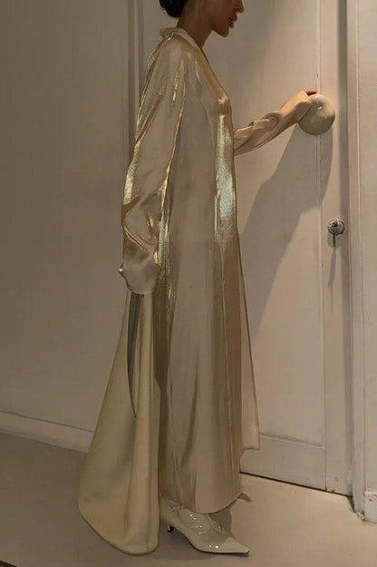 Color Glossy V-neck Long Sleeve Slit Maxi Dress