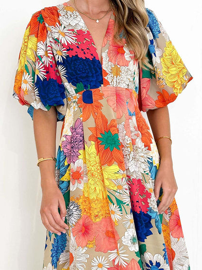 A-line High Waisted Flower Print Pleated Split-joint Zipper V-neck Maxi Dresses