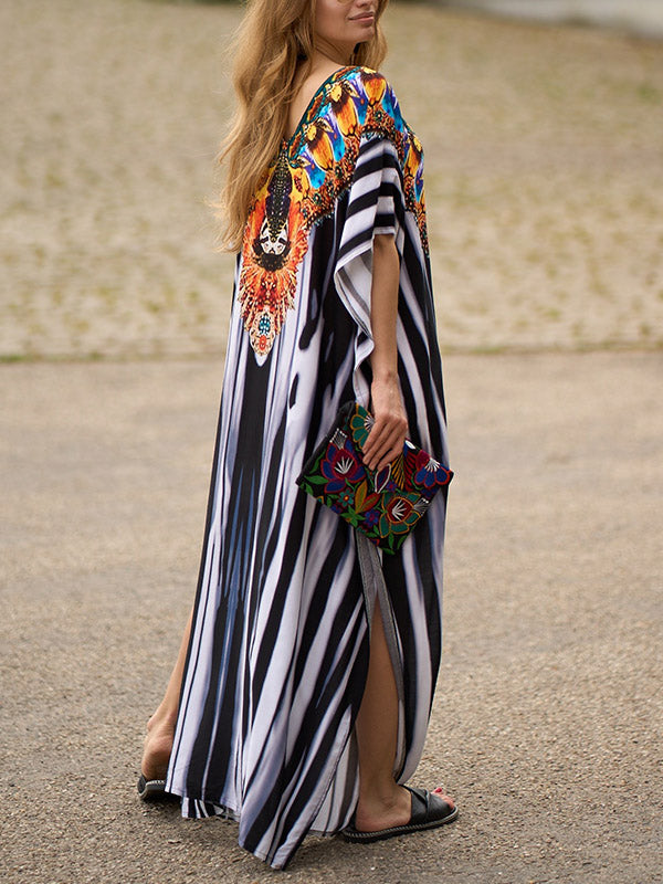 Batwing Sleeves Loose Printed Split-side Striped V-neck Beach Cover-up Maxi Dresses