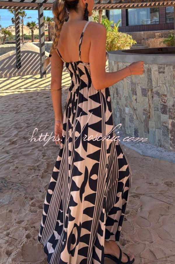 Sabine Geometric Print V-neck Back Smocked A-line Maxi Dress