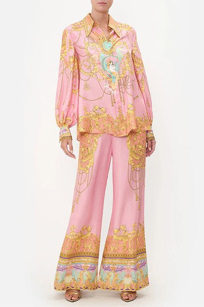 Unique Print Lantern Long Sleeves Blouse Shirt and Wide Leg Pants Holiday Outfit Set