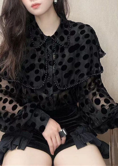 Patchwork Black Unique Velour Blouses Nail Collar Pan Bead Peter
