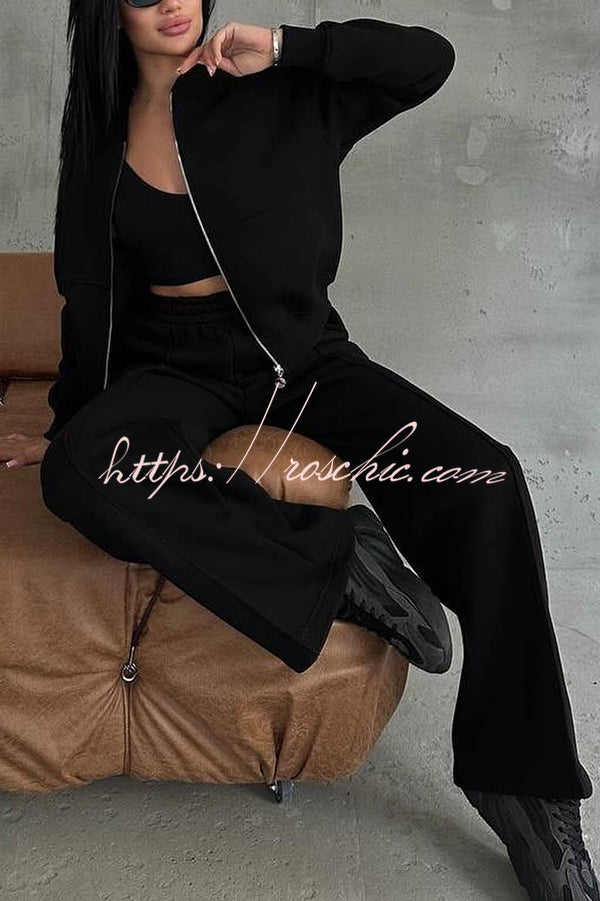 Color Long Sleeve Zipper Jacket and Elastic Waist Pocket Wide Leg Pants Set