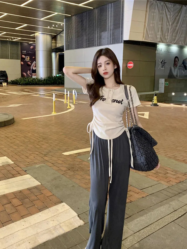 T-shirts Y2k Tops Drawstring Summer Graphic Knitting Harajuku Korean Letter Short Sleeve Aesthetic Clothing