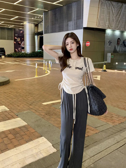 T-shirts Y2k Tops Drawstring Summer Graphic Knitting Harajuku Korean Letter Short Sleeve Aesthetic Clothing