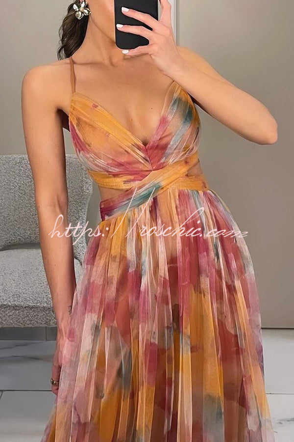 Giselle Tulle Render Print Cutout Waist Back Lace-up Maxi Dress