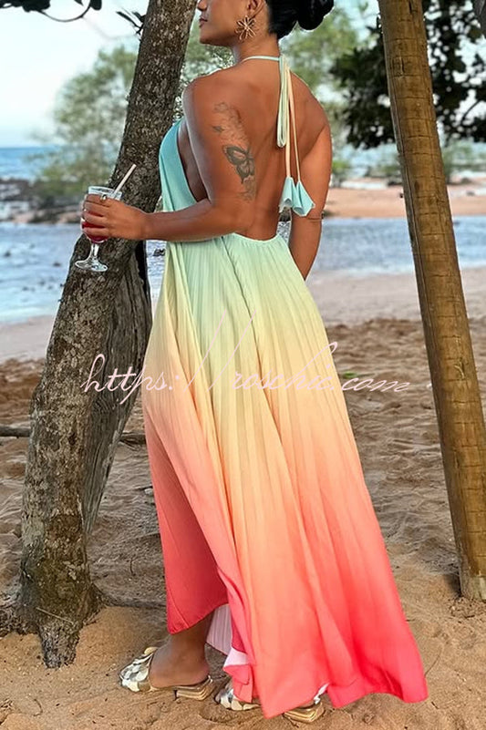 Sea Goddess Gradient Print Pleated Halter Backless A-line Maxi Dress