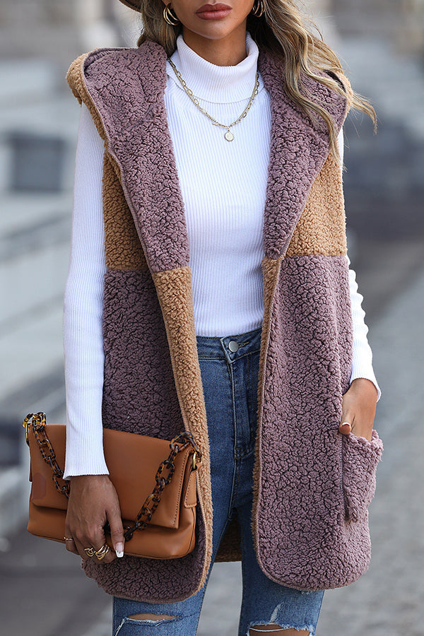 Hooded Sleeveless Colorblock Pocket Buttonless Mid-length Cardigan Puff Velvet Jacket