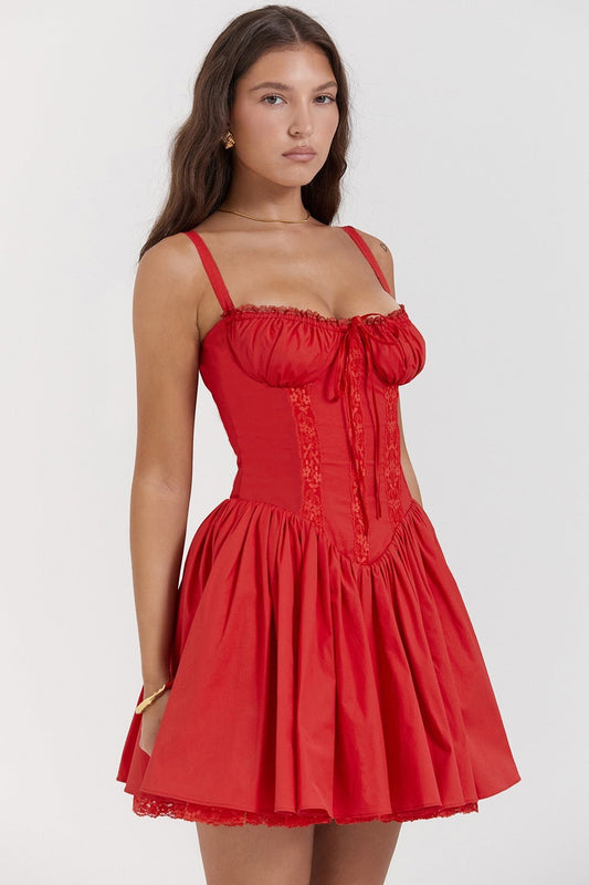 Lace Panel Spaghetti Strap Waist-cinched Mini Dress