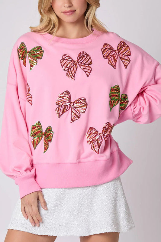 Christmas Bow Sequin Loose Long Sleeve Sweatshirt
