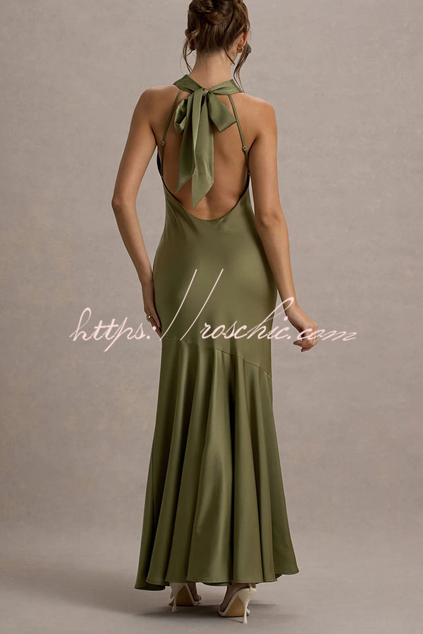 Timeless Sophistication Satin Cowl Detail Back Self-tie Halter Neck Maxi Dress