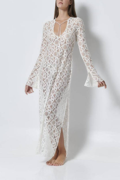 Santorini Sunset Lace Long Sleeve Slit Vacation Maxi Dress