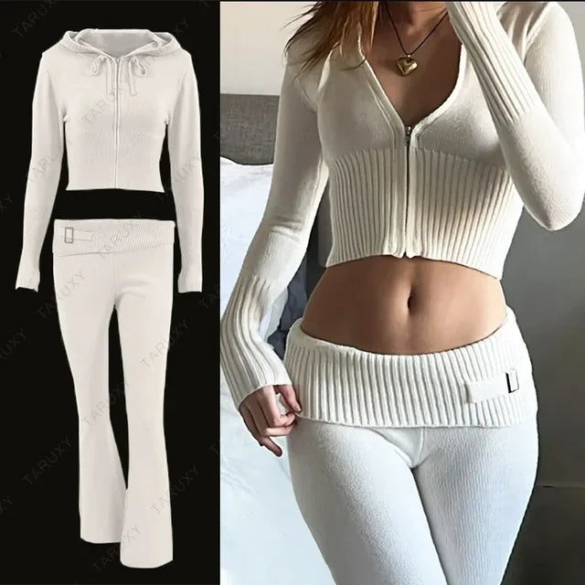 New Knitted Hoodie Cropped Top and Pants Sets White Y2k Outfits Low Waist Knit Two Piece Sets for Tracksuit